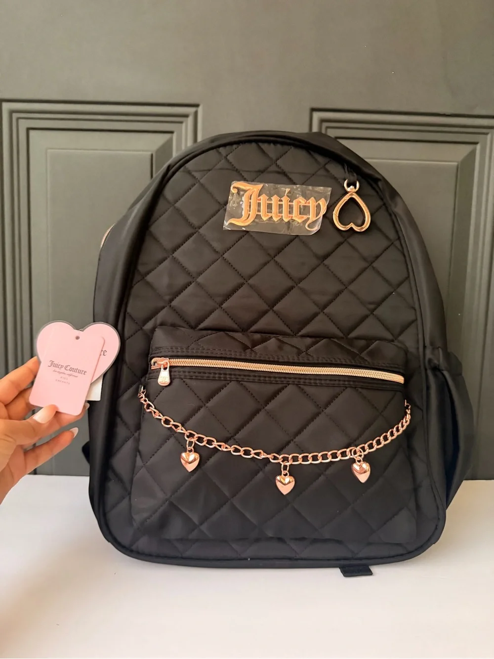 Juicy Couture brown chocolate Backpack with Pink Logo Lining and Rose Gold Trim